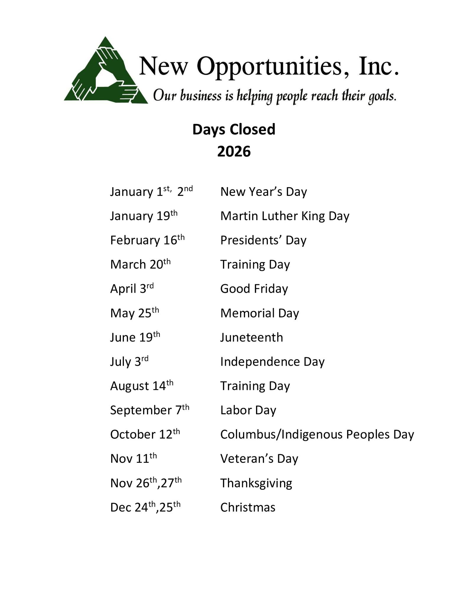New Opportunities Inc. 2026 days closed calendar